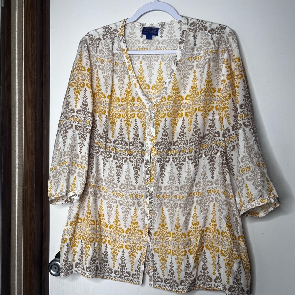 PENDLETON Cream, Yellow & Gray Damask Patterned Peasant Blouse